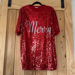 "Merry" Sequin T-Shirt Dress - Red
